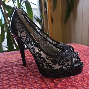 Guess Black Lace Peep-Toe Heels